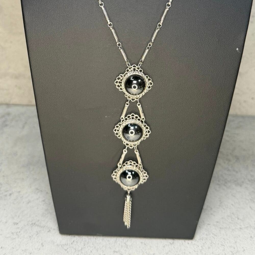 Vintage Hobe Silvertone Necklace Art Deco Tassel black round layering Victorian